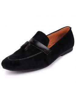 FAUSTO Men's Black Velvet Tassel Loafer Shoes FST 3864