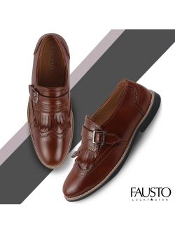 FAUSTO Men's Tan Monk Single Strap Fringe Formal Shoes with TPR Welted Sole